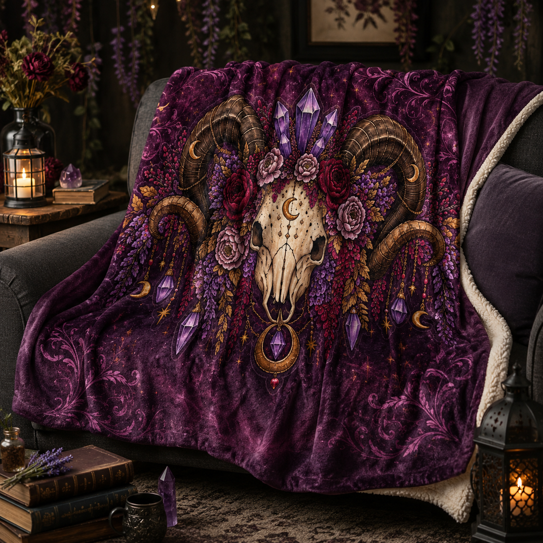 A cozy dark purple throw blanket with a ram skull surrounded by flowers