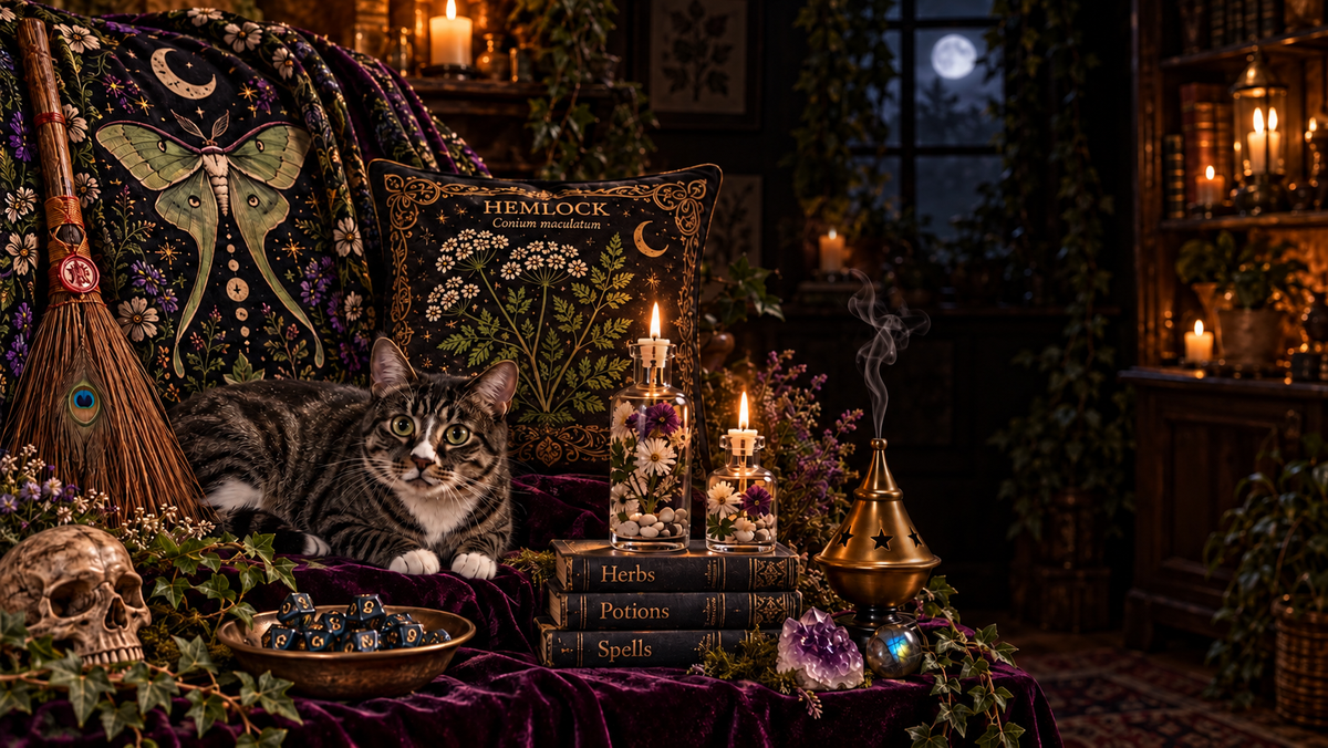 Tabby cat among candles, spell books and witchy decor in a moonlit room.