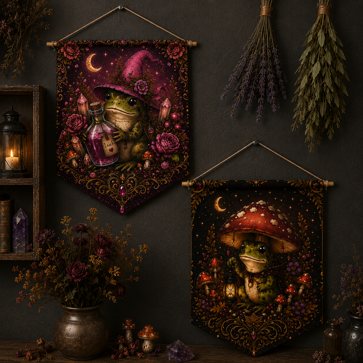 Frog Witch Mushroom Pennant Banner