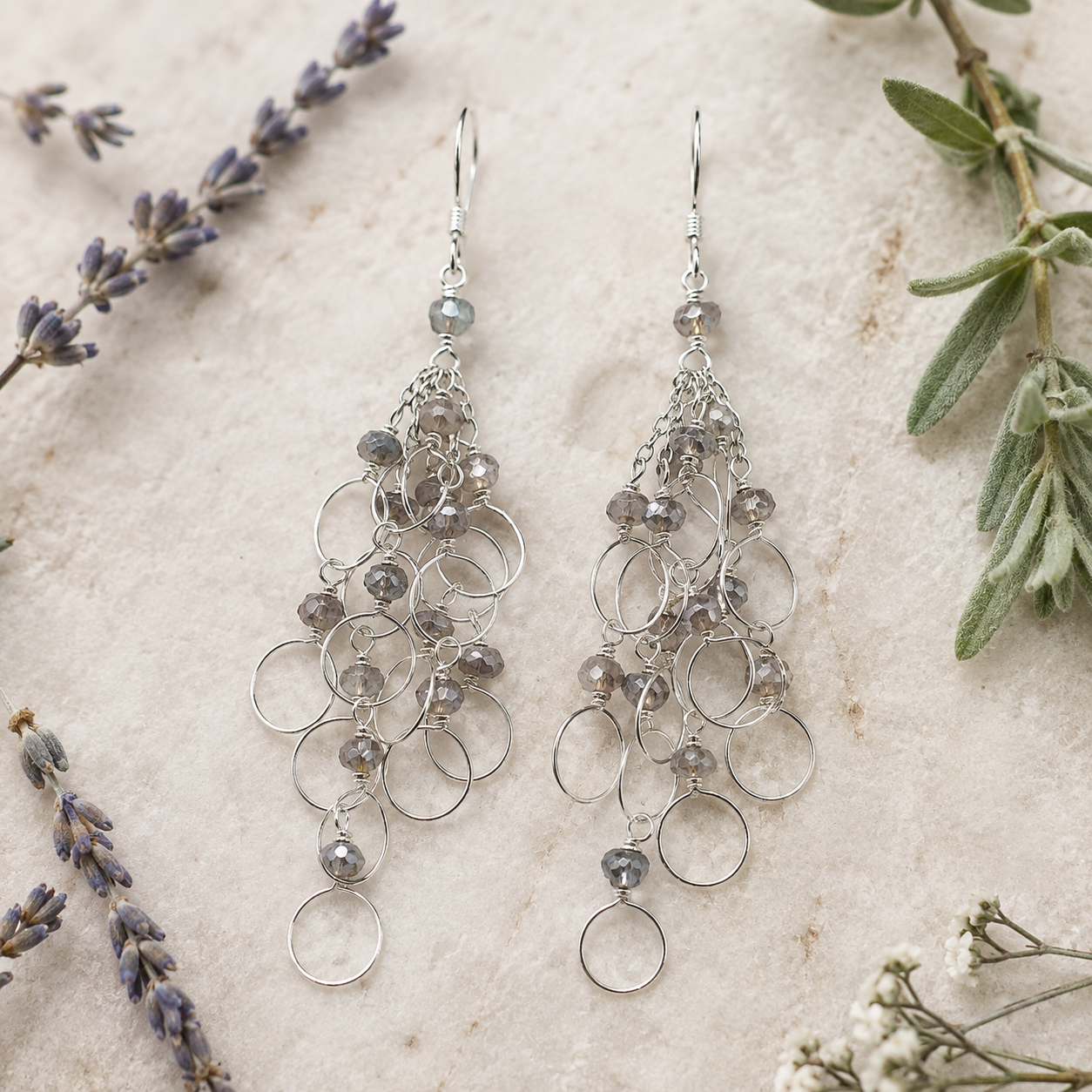Labradorite Silver Chain Loop Earrings