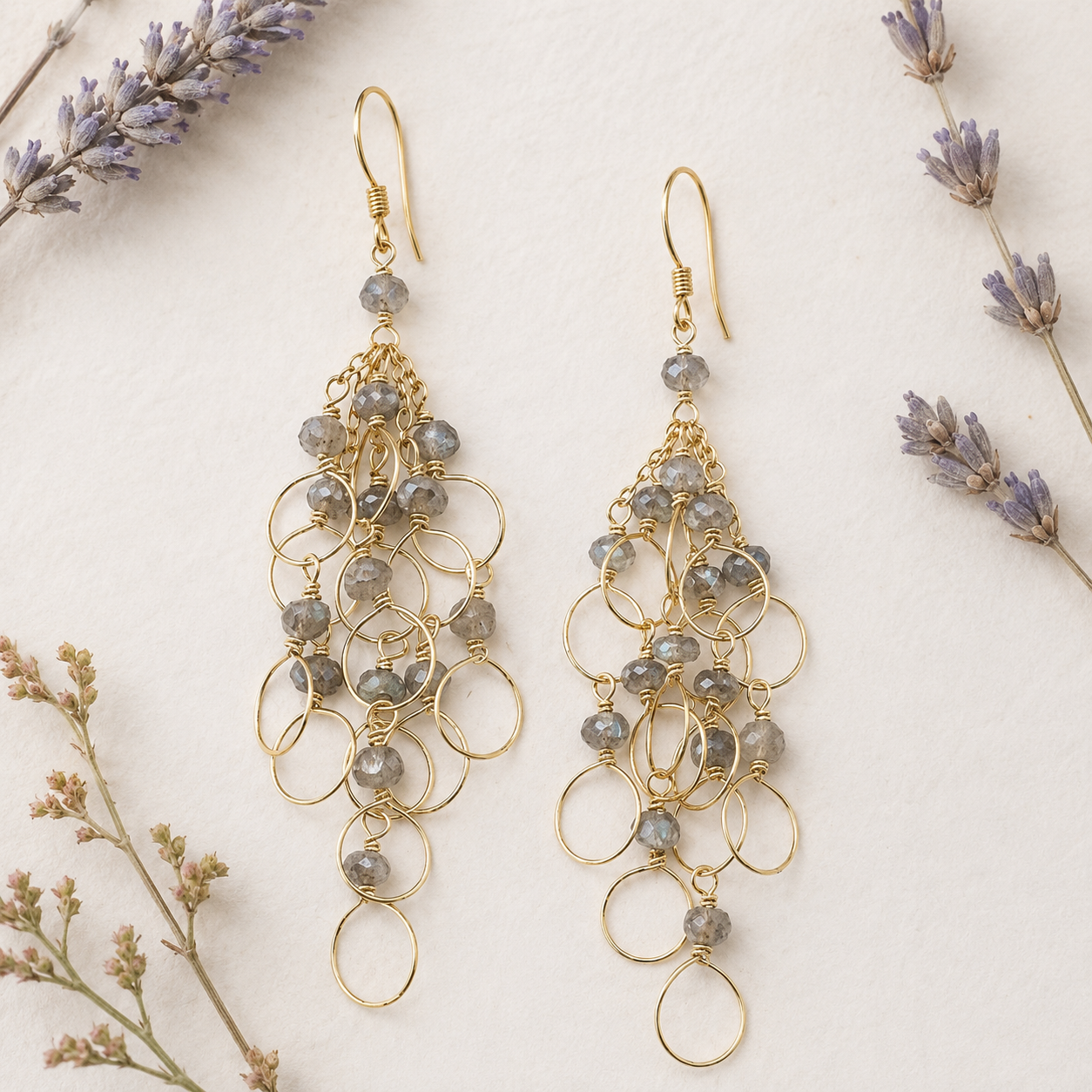 Labradorite Gold Chain Loop Earrings