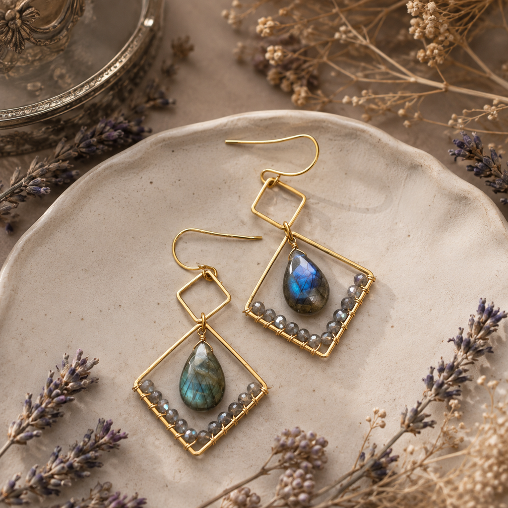 Labradorite Gold Geometric Earrings