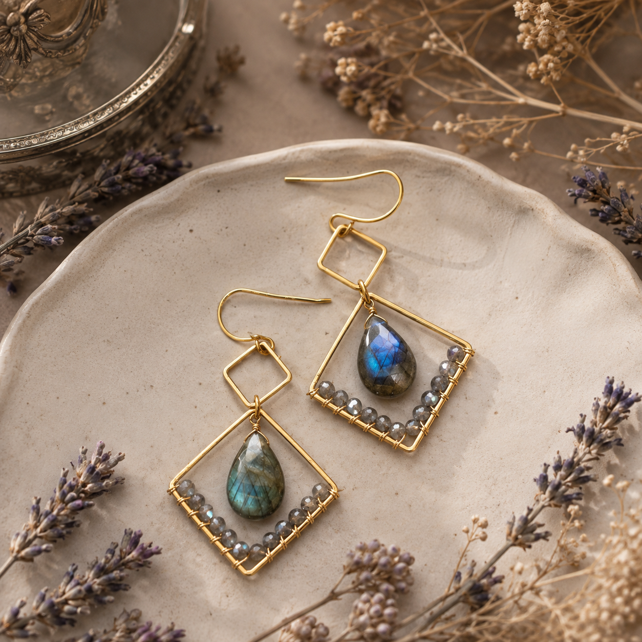 Labradorite Gold Geometric Earrings