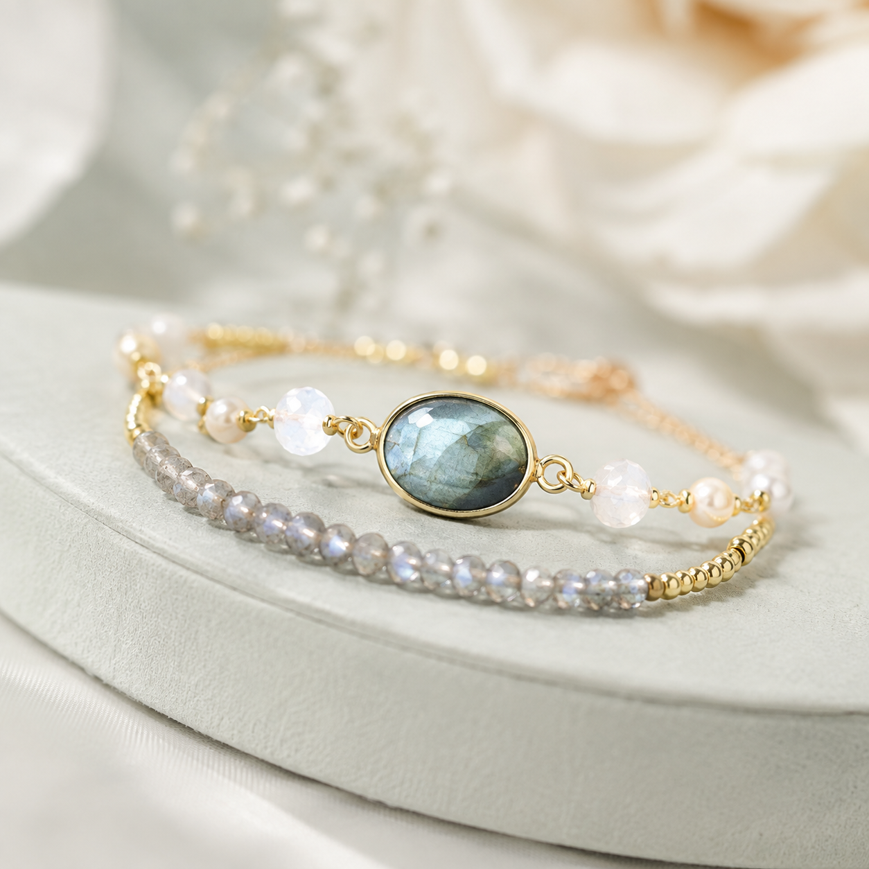 Labradorite & Peach Moonstone Adjustable Gemstone Bracelet