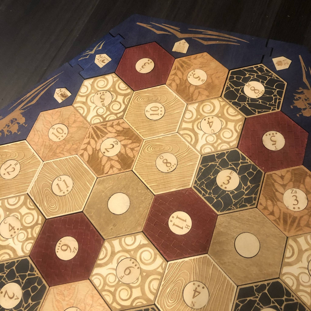 5-6 Player Blue Stained Catan Compatible Board Set with Laser Etched Terrain, Border and Number – Thorn & Thimble