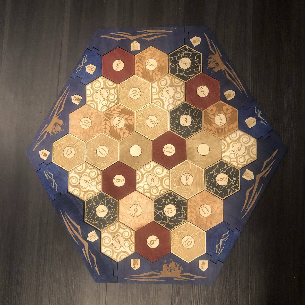 5-6 Player Blue Stained Catan Compatible Board Set with Laser Etched Terrain, Border and Number – Thorn & Thimble