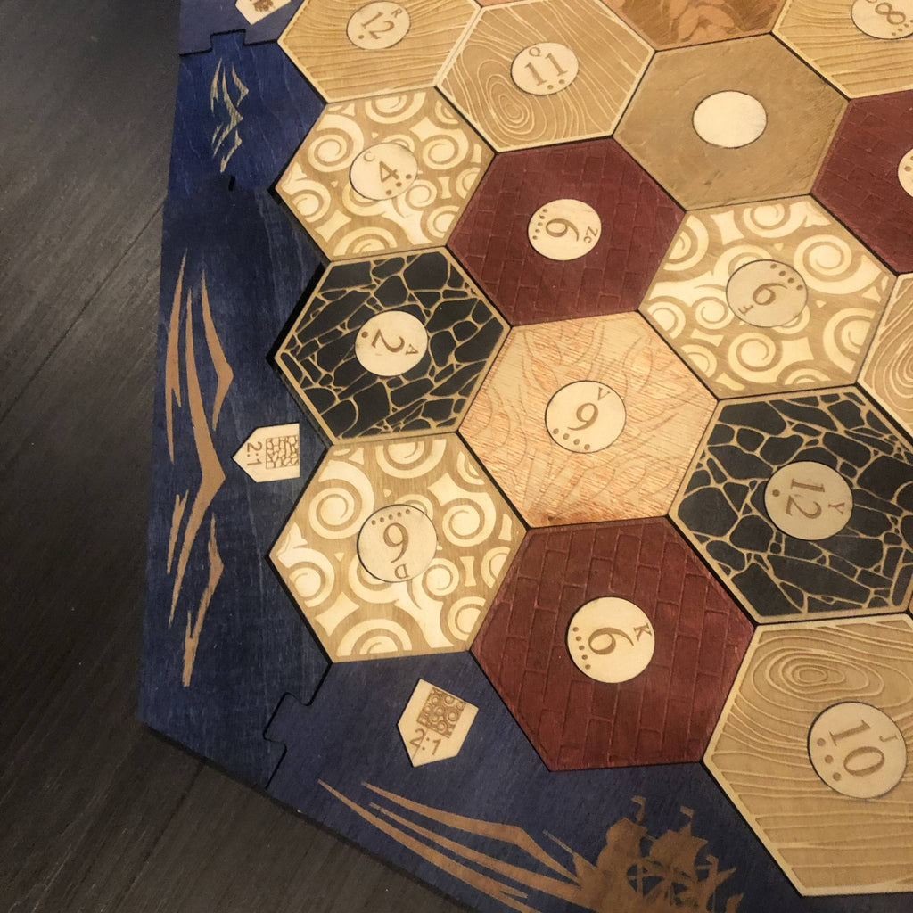 5-6 Player Blue Stained Catan Compatible Board Set with Laser Etched Terrain, Border and Number – Thorn & Thimble