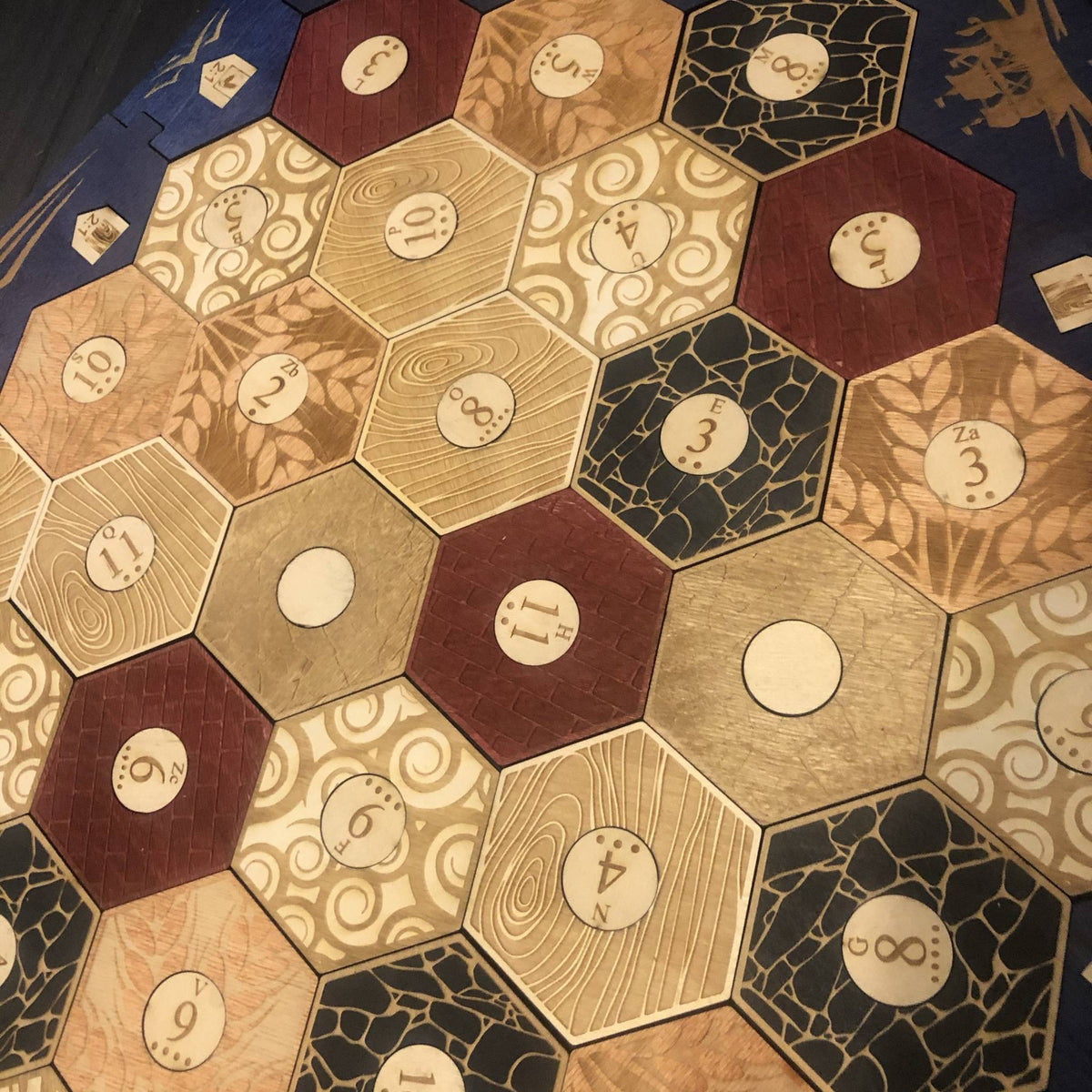 5-6 Player Blue Stained Catan Compatible Board Set with Laser Etched Terrain, Border and Number – Thorn & Thimble