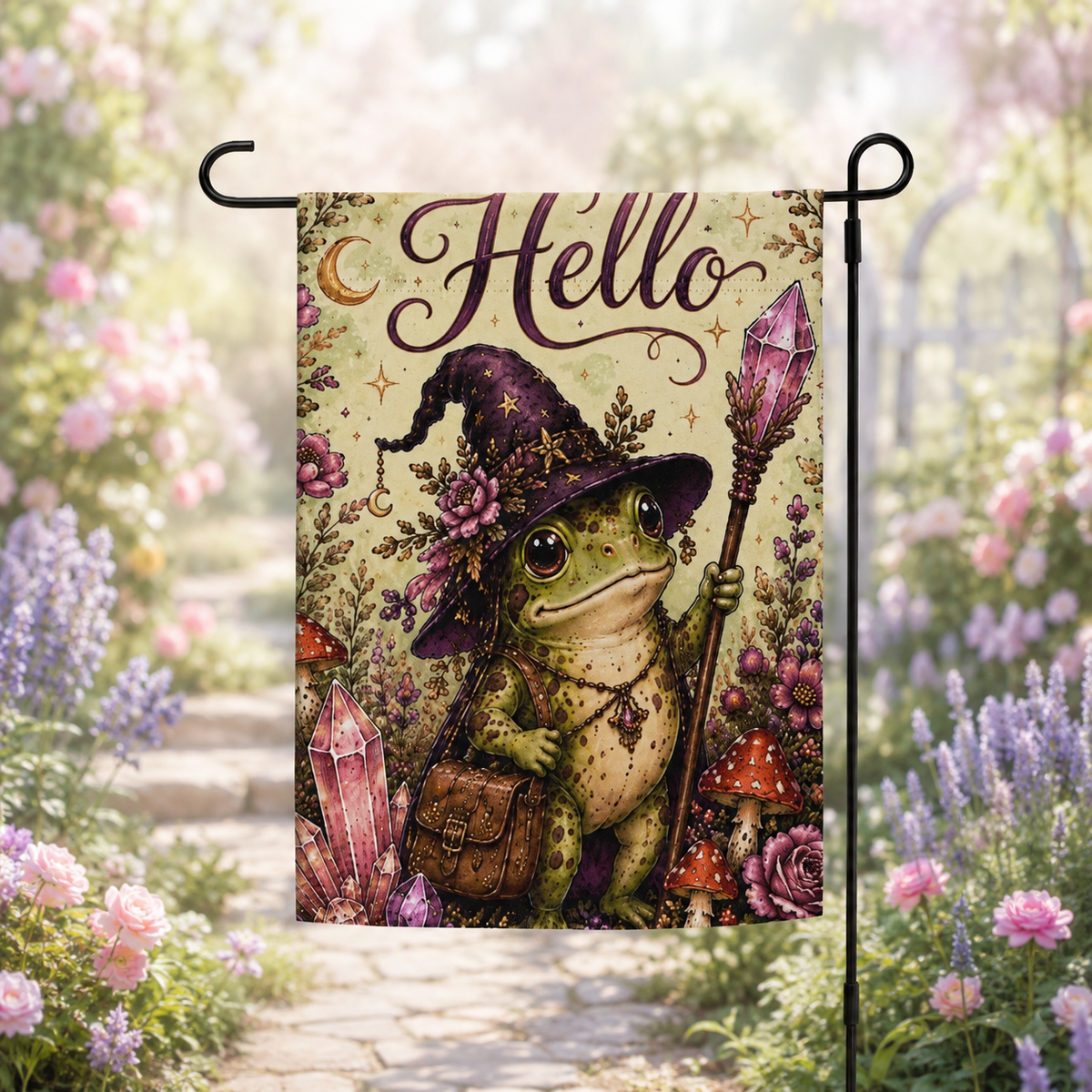 Frog Witch with Staff Cottagecore Garden Flag – Thorn & Thimble