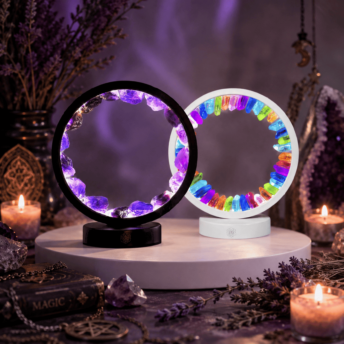 Amethyst & Aura Quartz Crystal Lamp Set – Protect My Home – Thorn & Thimble
