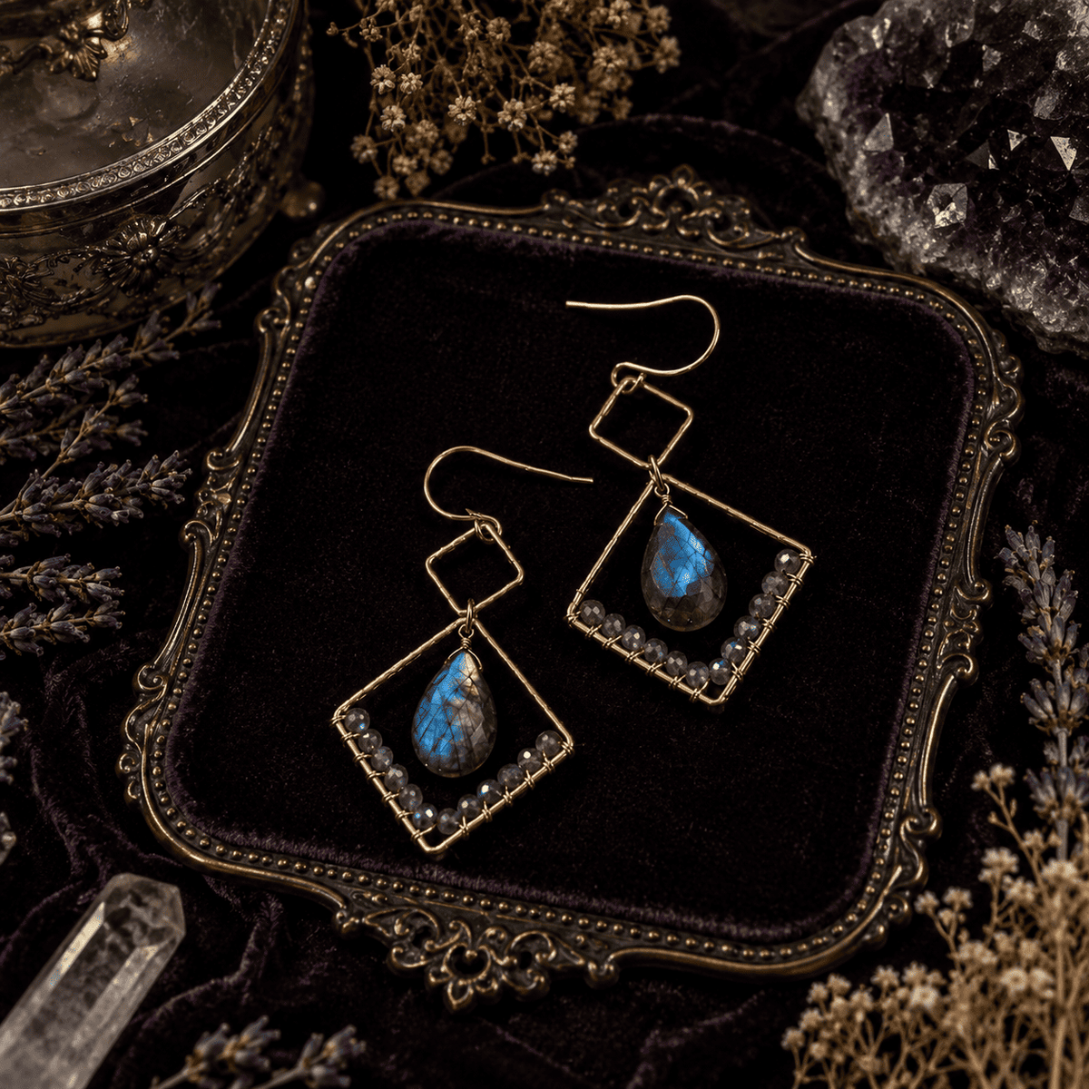 Labradorite Gold Geometric Drop Earrings – Thorn & Thimble