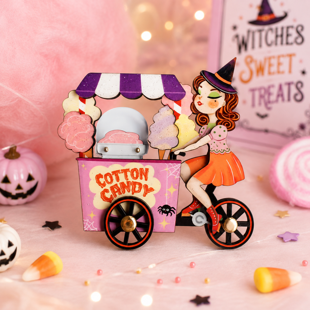 Witch w/ Cotton Candy Cart Brooch by Laliblue – Retro Kitschy Statement Brooch for Collectors