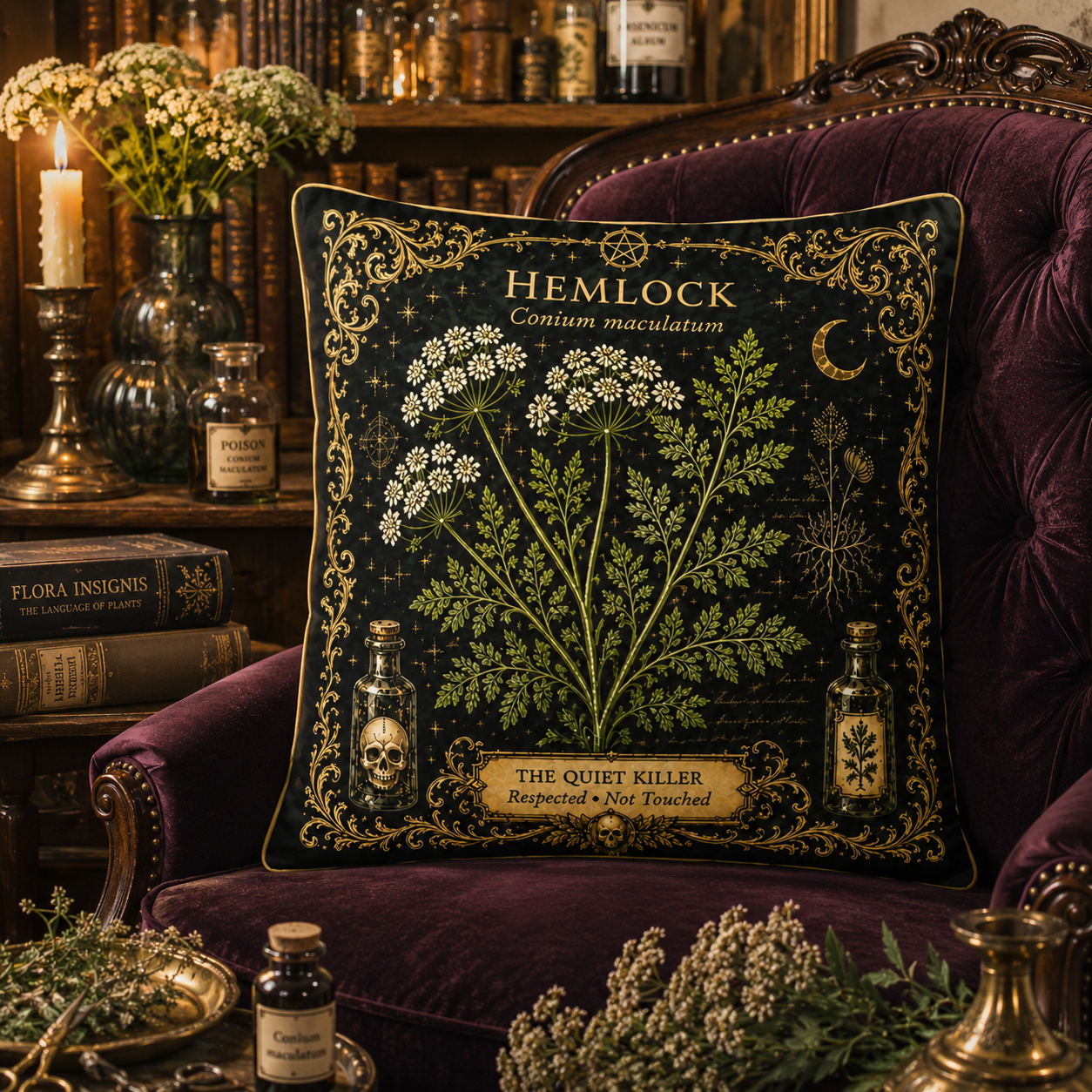 Botanical Hemlock Apothecary Throw Pillow