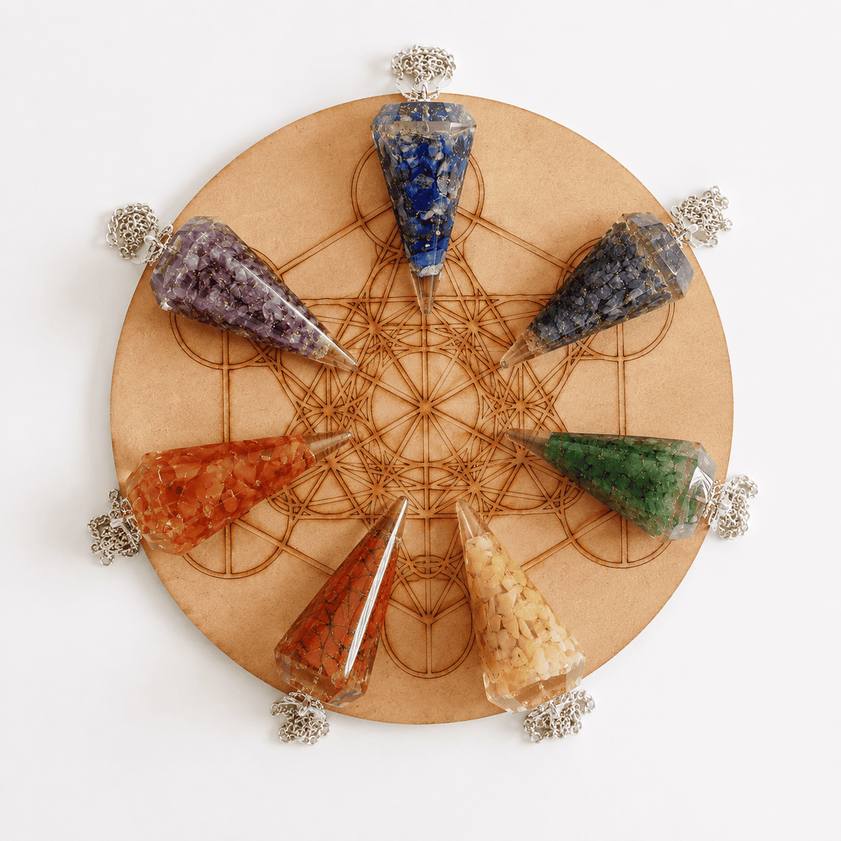 Seven-Chakra Orgone Pendulum Set with Optional Grid Boards & Selenite – Thorn & Thimble