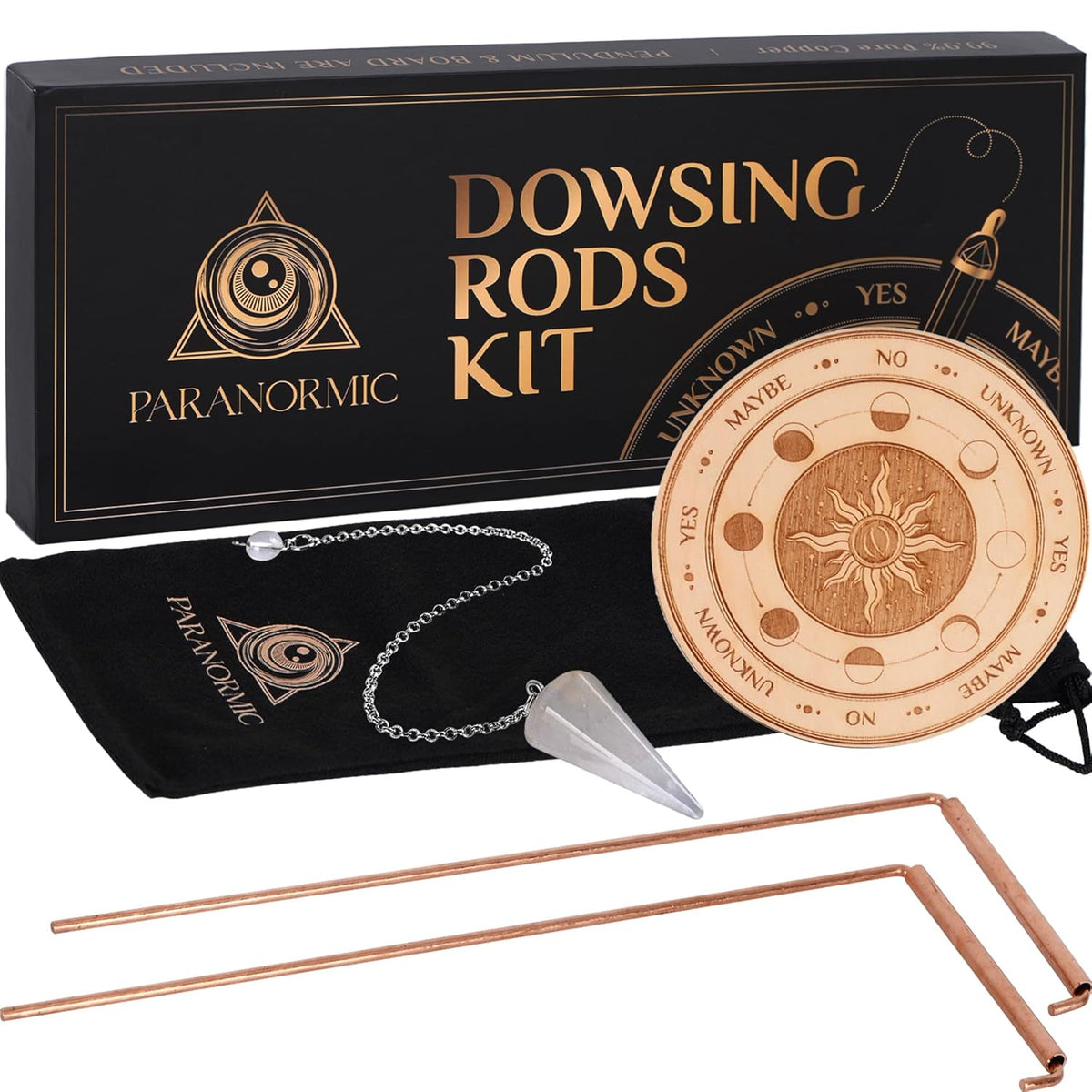 Dowsing Rods Kit – 99.9% Pure Copper, Quartz Pendulum & Wooden Board – Thorn & Thimble