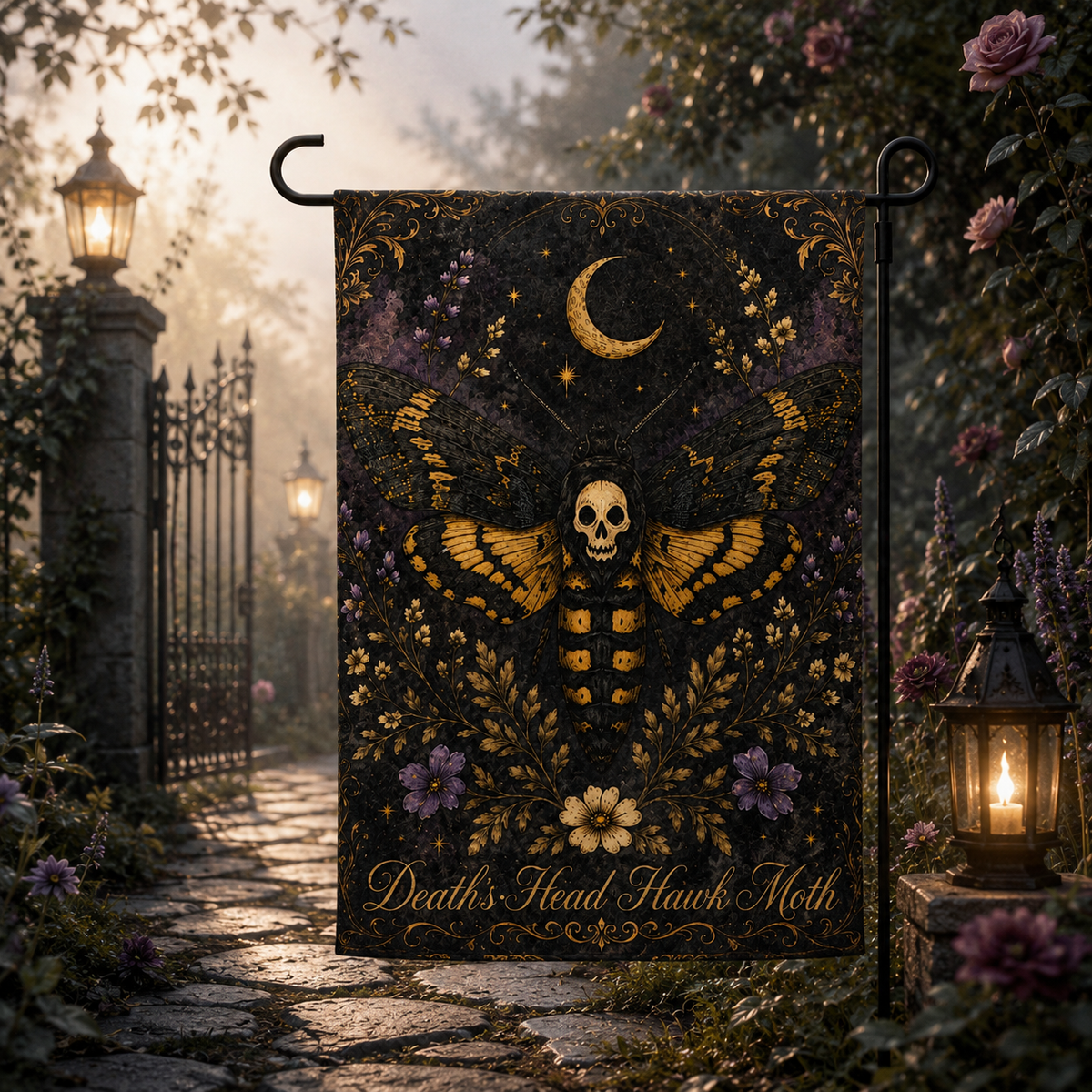 Death’s-Head Hawkmoth Gothic Botanical Garden Flag – Thorn & Thimble