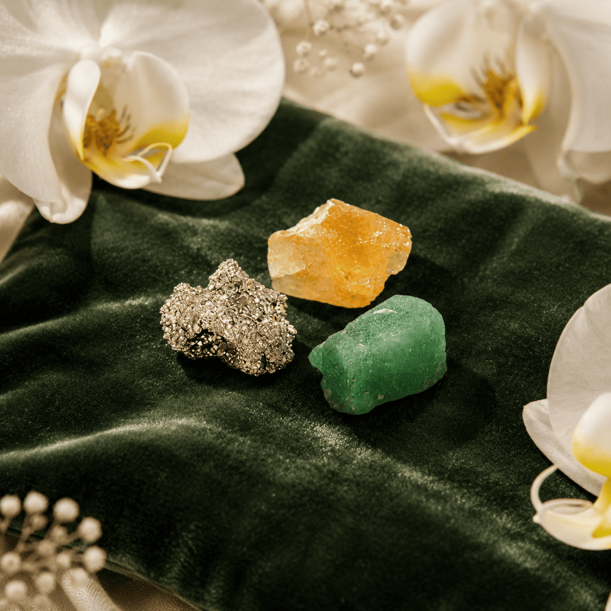 Citrine, Pyrite & Green Aventurine Crystal Trio – Thorn & Thimble