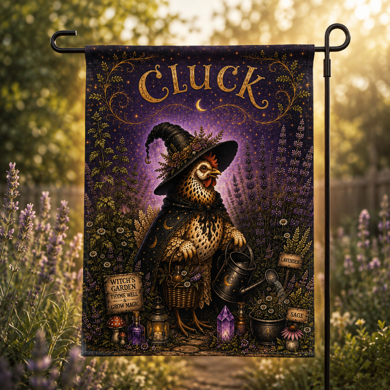 Chicken Witch Watering Can Garden flag