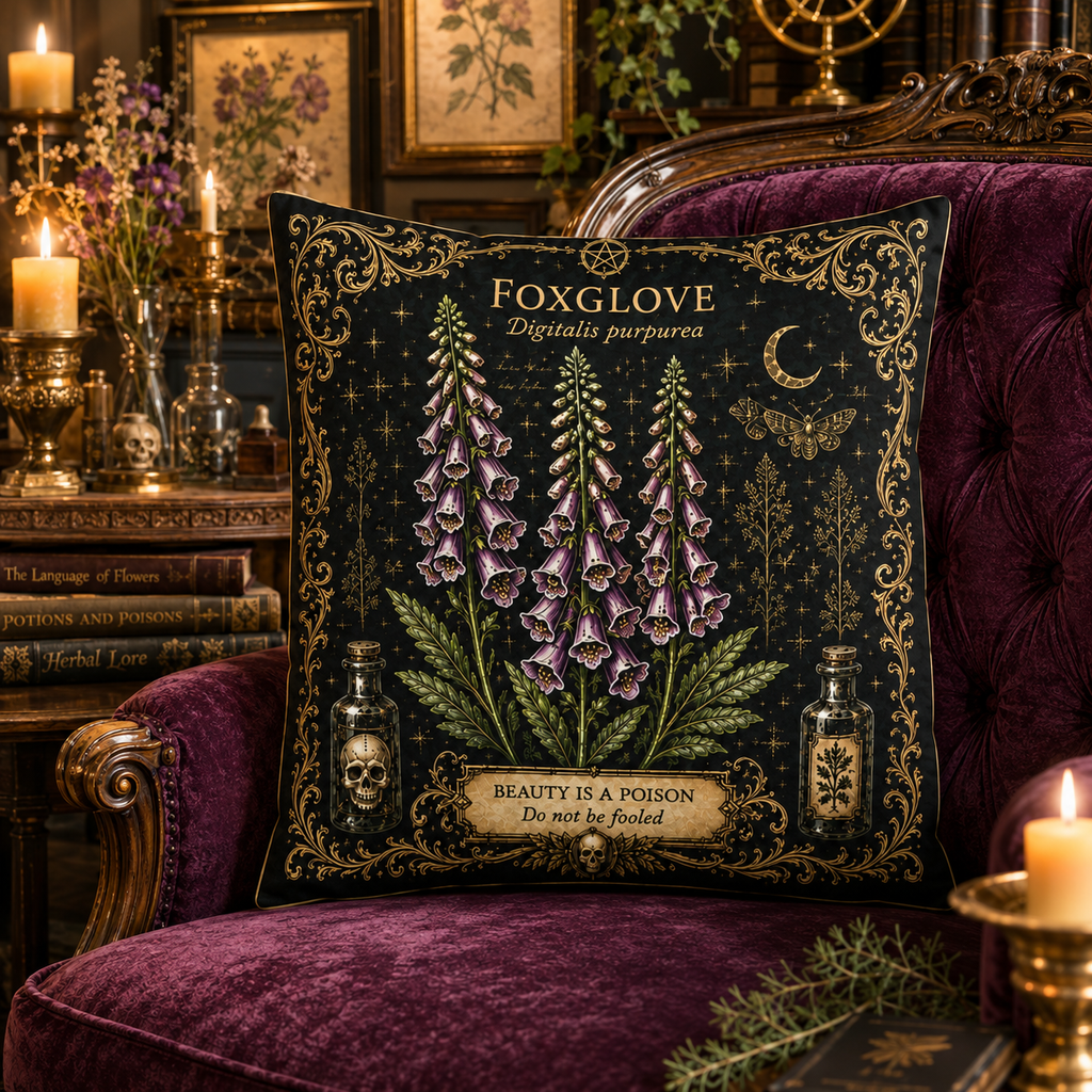 Botanical Foxglove Apothecary Throw Pillow