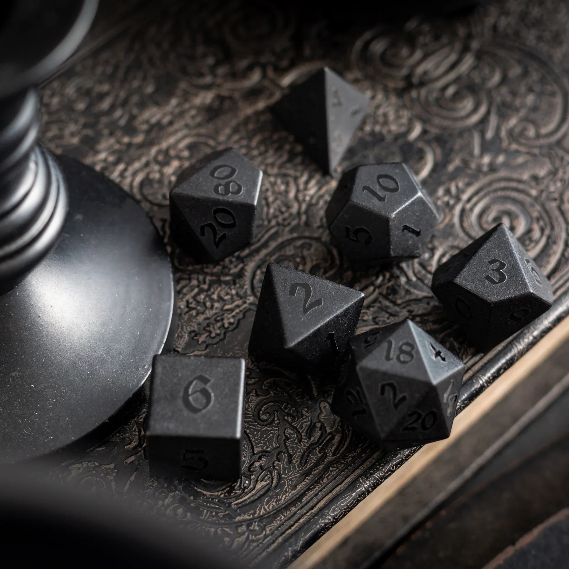Gemstone Black Night Raised Obsidian Hand Carved DND Dice Set