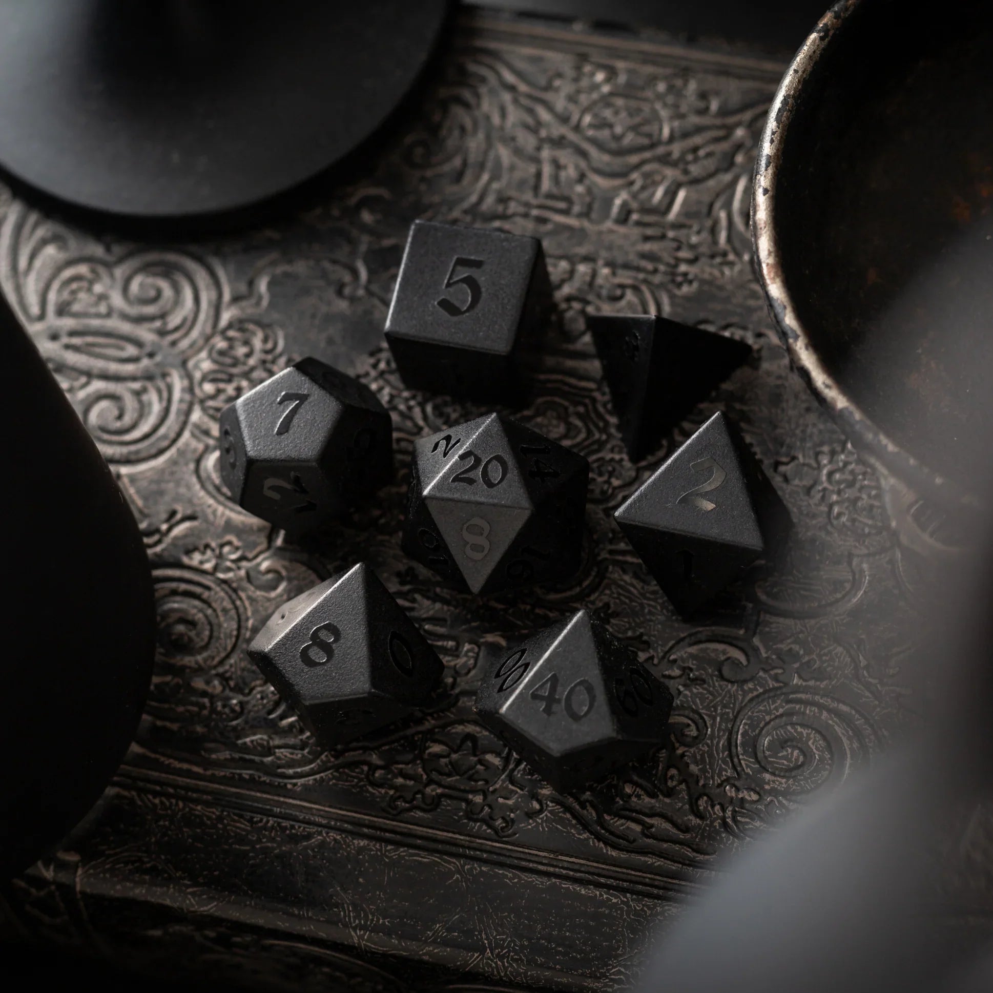 Gemstone Black Night Raised Obsidian Hand Carved DND Dice Set