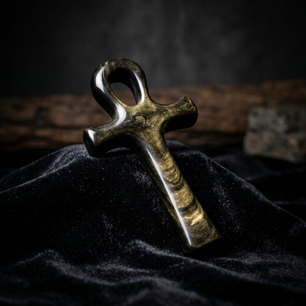 Gold Obsidian Ankh Gemstone Carving – 6" – Thorn & Thimble