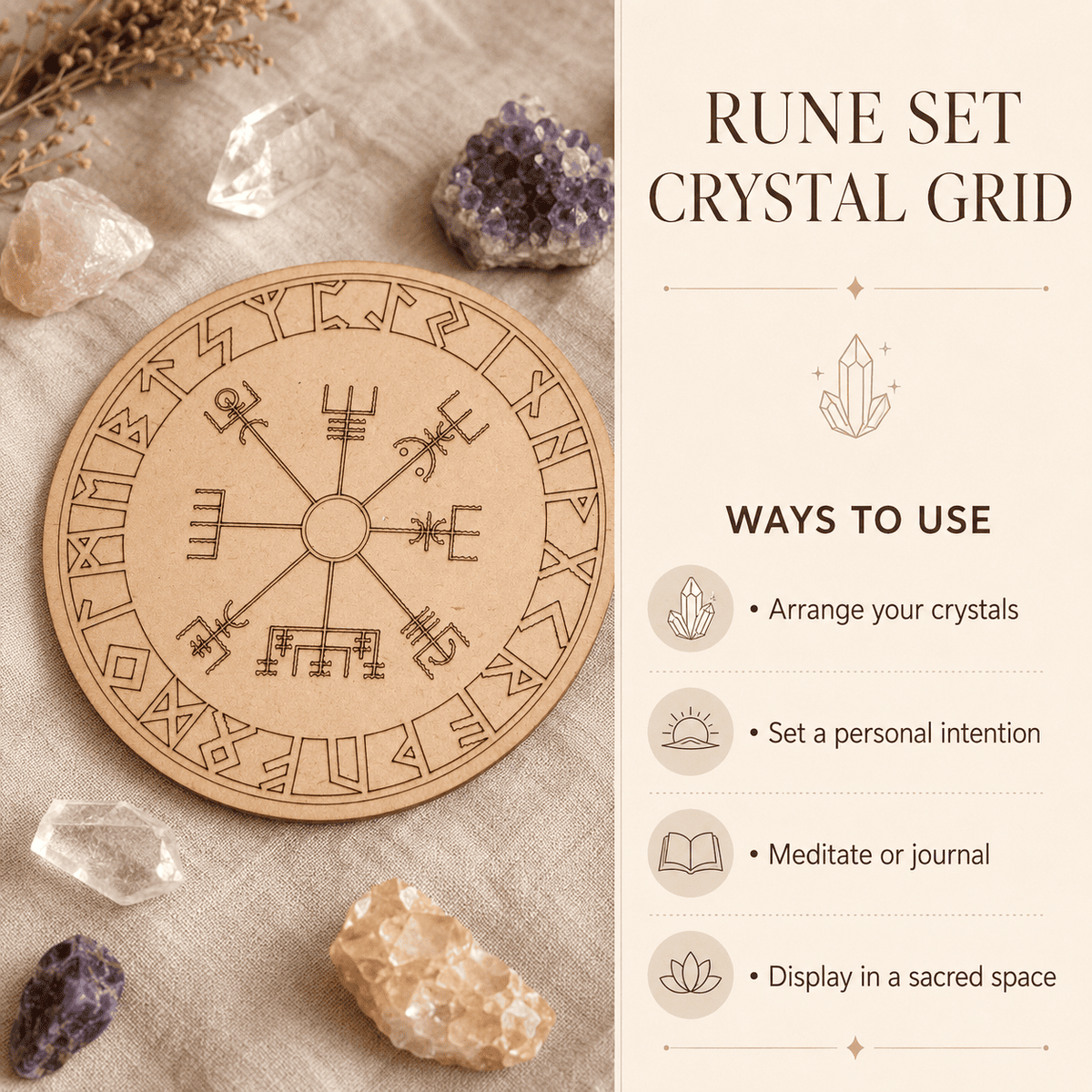 Norse Runes Crystal Grid Board, Wooden 6" Vegvisir Grid Plate – Thorn & Thimble