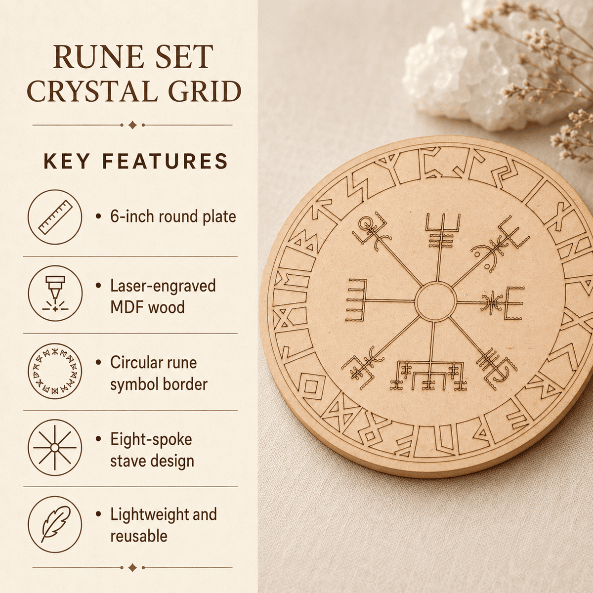 Norse Runes Crystal Grid Board, Wooden 6" Vegvisir Grid Plate – Thorn & Thimble