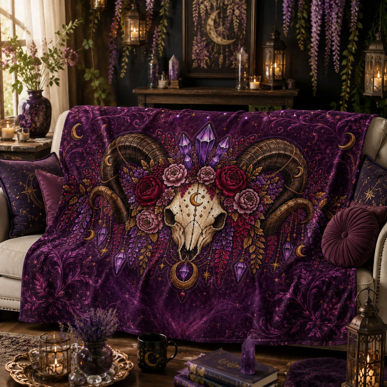 Ram Skull Boho Throw Blanket