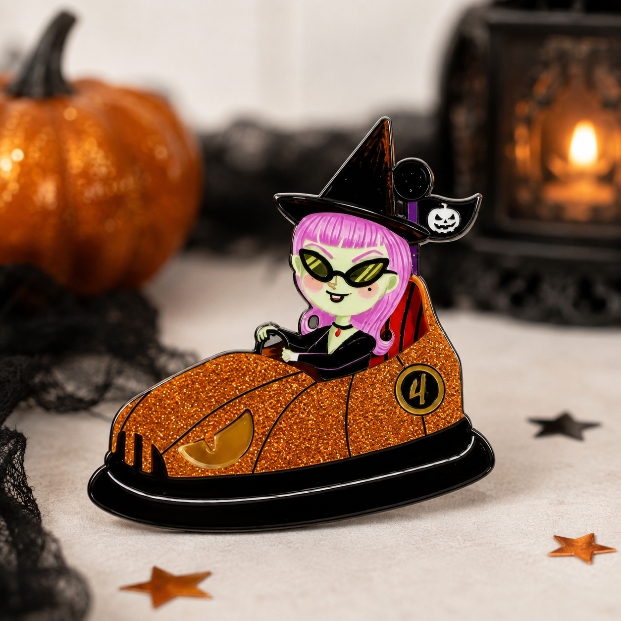 Bumper Car with Little Witch Brooch by Laliblue – Retro Kitschy Statement Brooch for Collectors