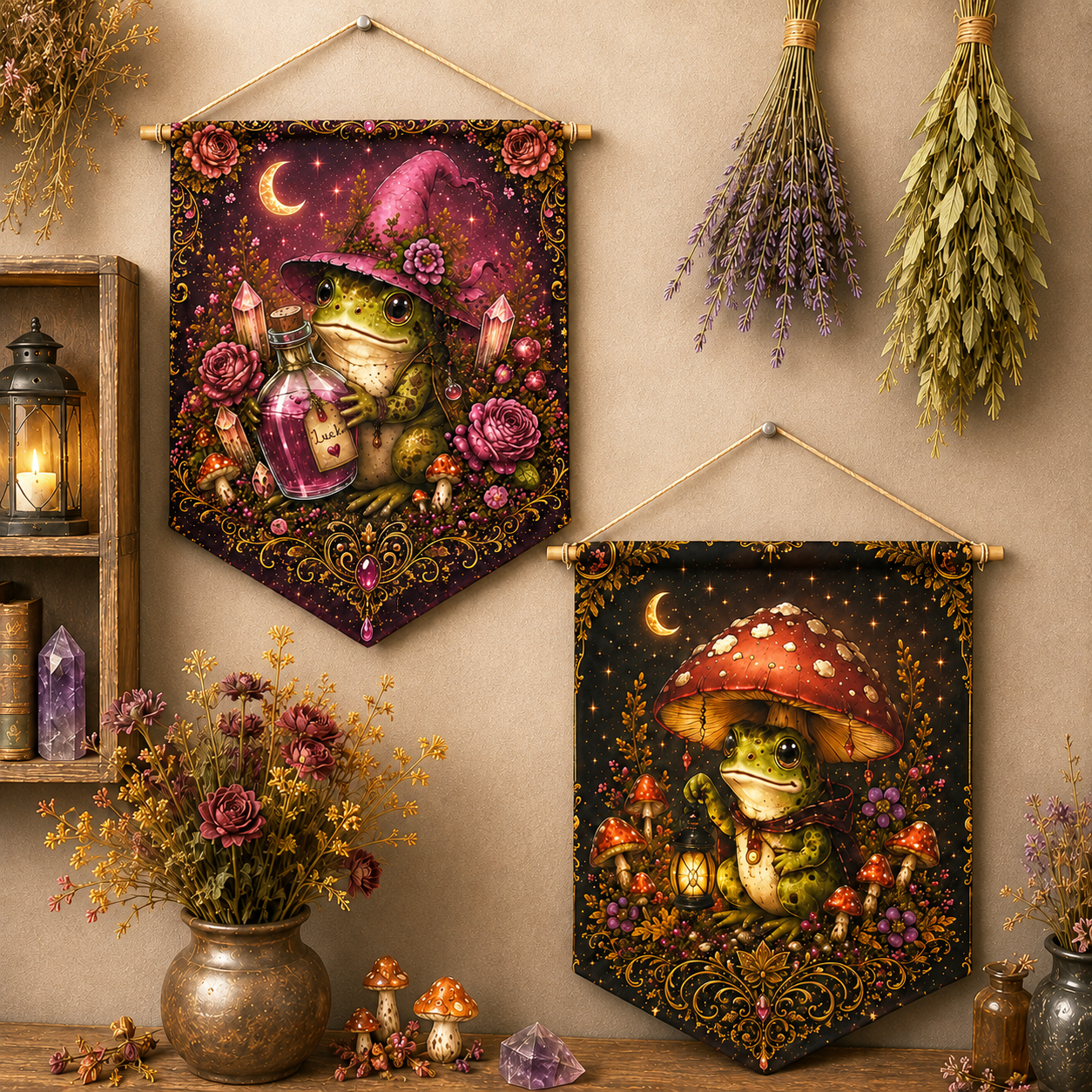 Frog Witch Mushroom Pennant Banner