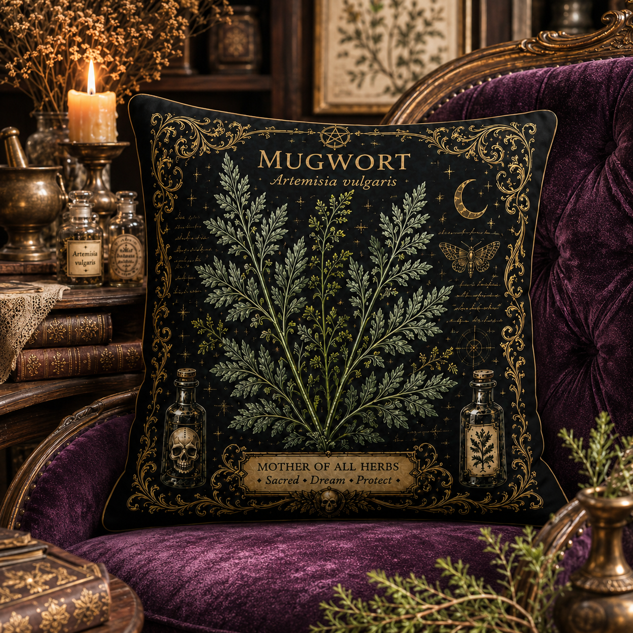 Botanical Mugwort Apothecary Throw Pillow