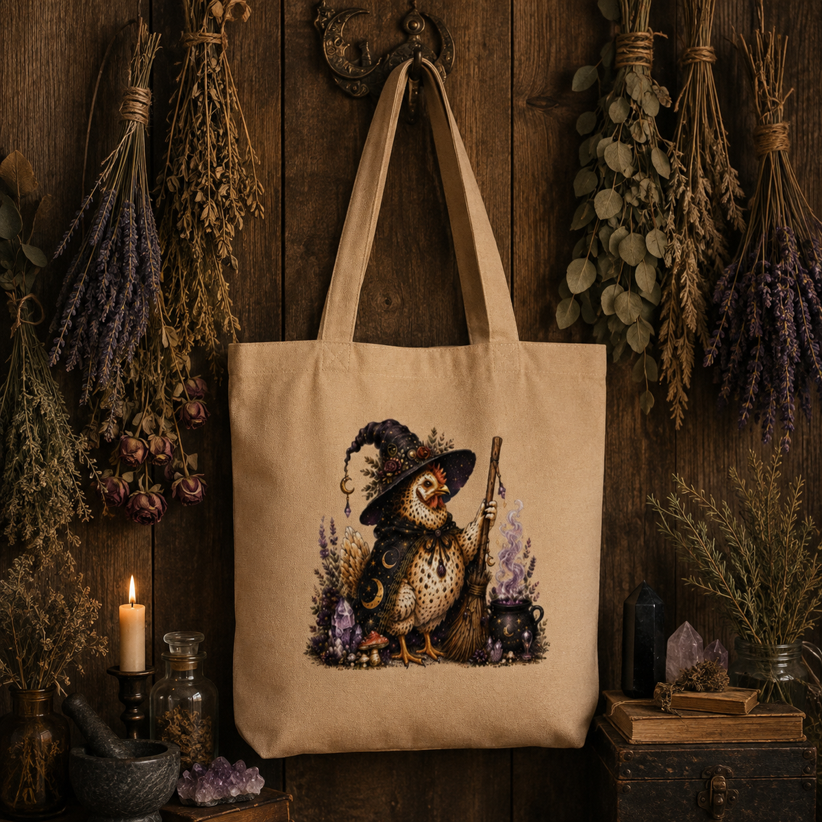 Chicken Witch with Broom Cottagecore Eco Tote Bag – Thorn & Thimble