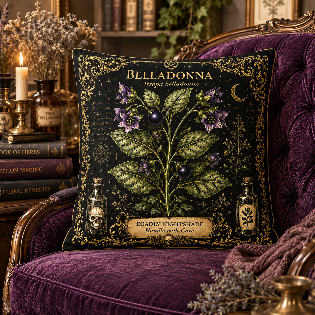 Botanical Belladonna Apothecary Throw Pillow