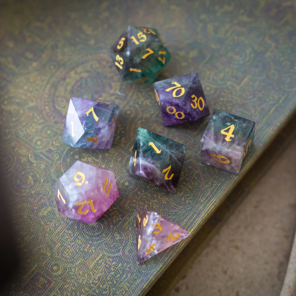 Gemstone Rainbow Fluorite Hand Carved DND Dice Set