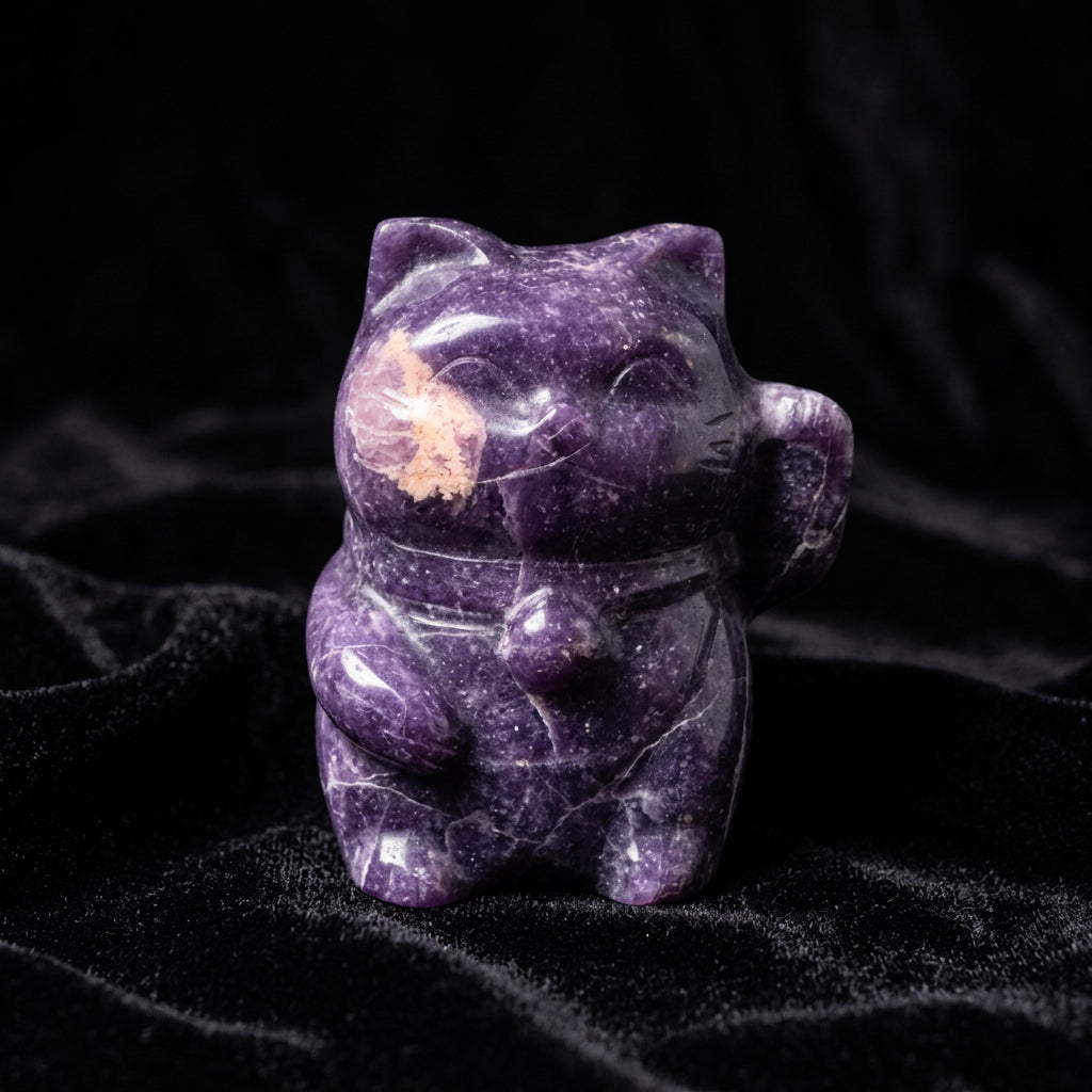 Lepidolite Lucky Cat Gemstone Carving – 4" – Thorn & Thimble