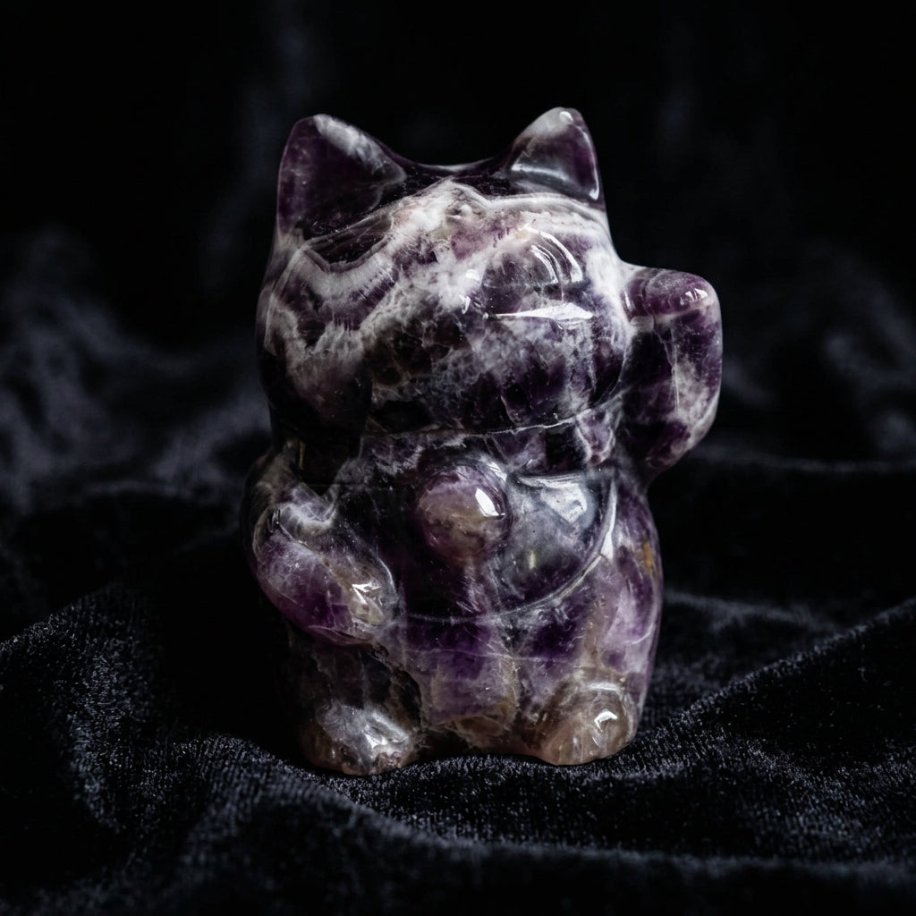 Dream Amethyst Lucky Cat Gemstone Carving – 4" – Thorn & Thimble