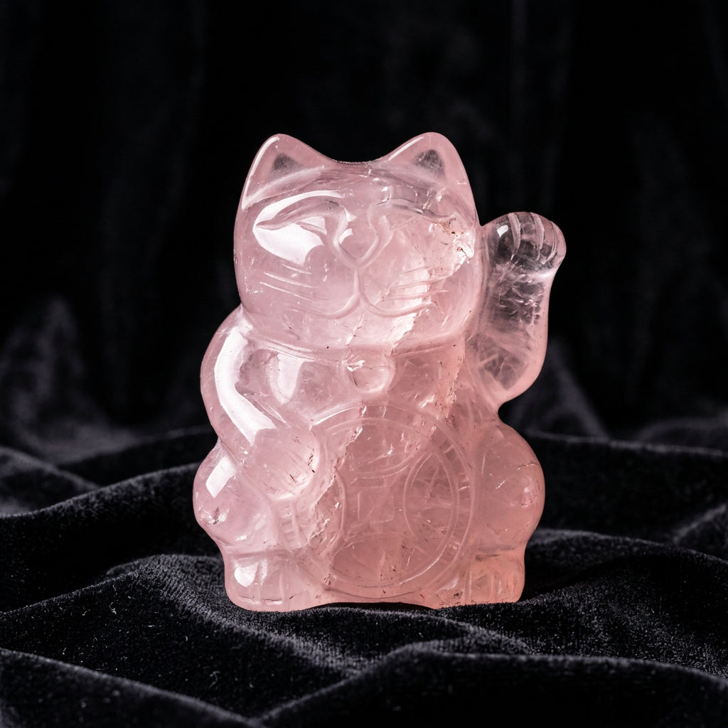 Rose Quartz Lucky Cat Gemstone Carving – 3.2" – Thorn & Thimble