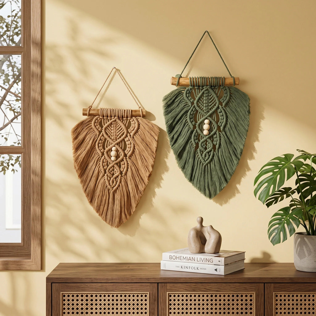 Olive Green and Latte Macrame Leaf Wall Hanging Set