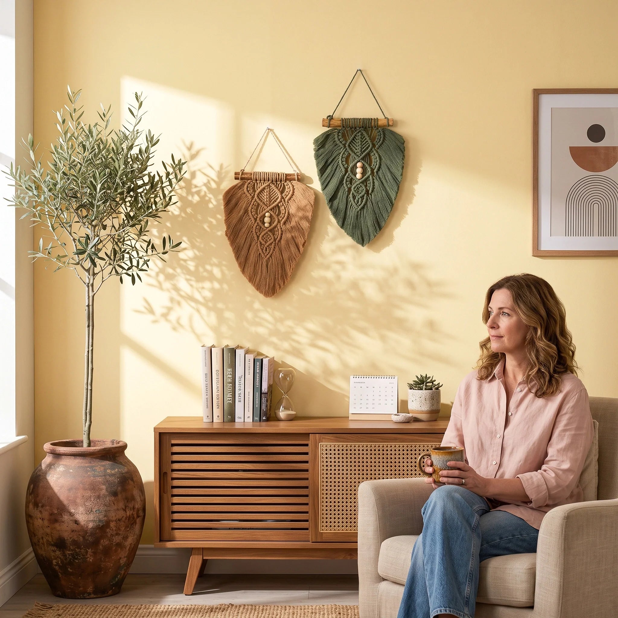 Olive Green and Latte Macrame Leaf Wall Hanging Set