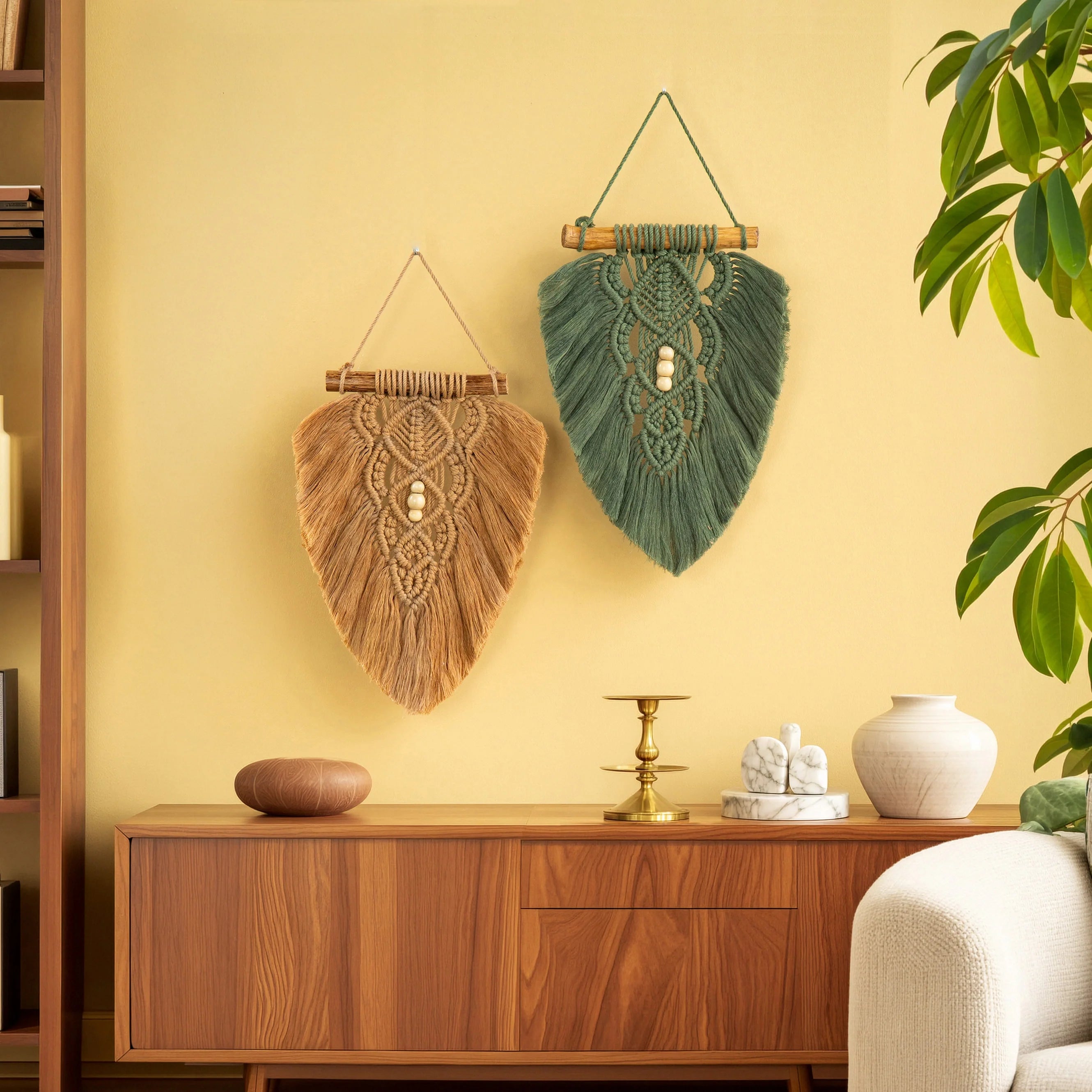 Olive Green and Latte Macrame Leaf Wall Hanging Set
