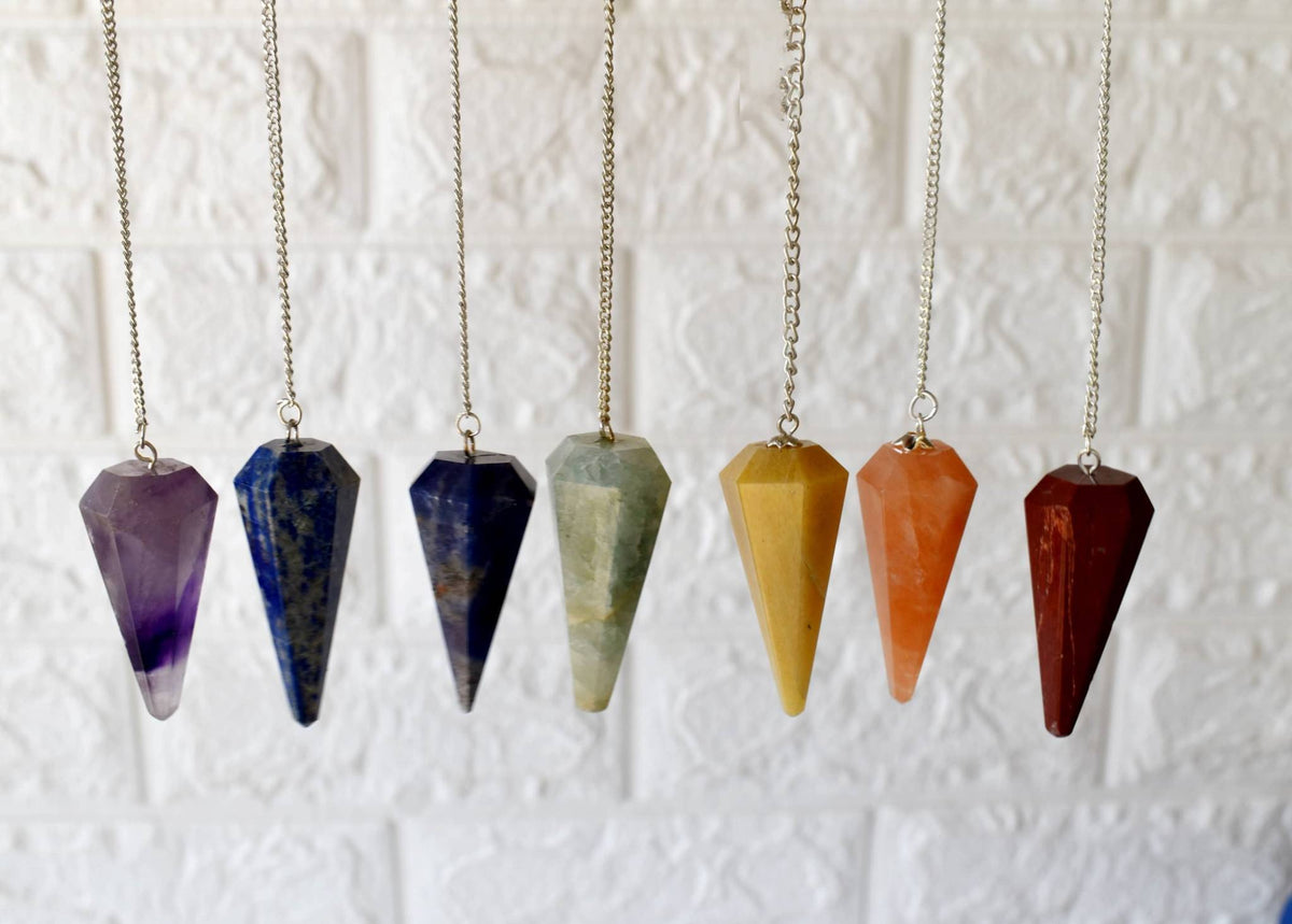 Seven Chakra Crystal Pendulum with Wooden Grid Plate, Selenite Log – Thorn & Thimble
