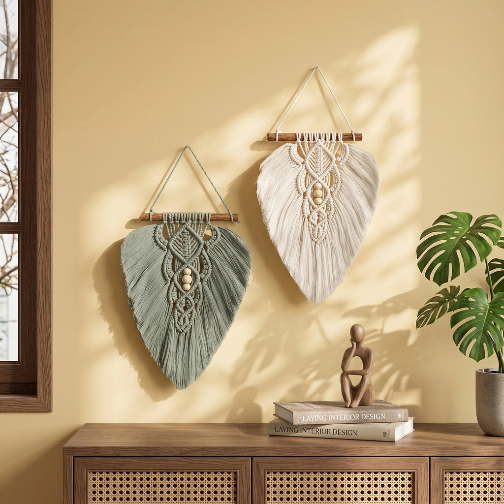 Sage Green and Natural Macrame Leaf Wall Hanging Set
