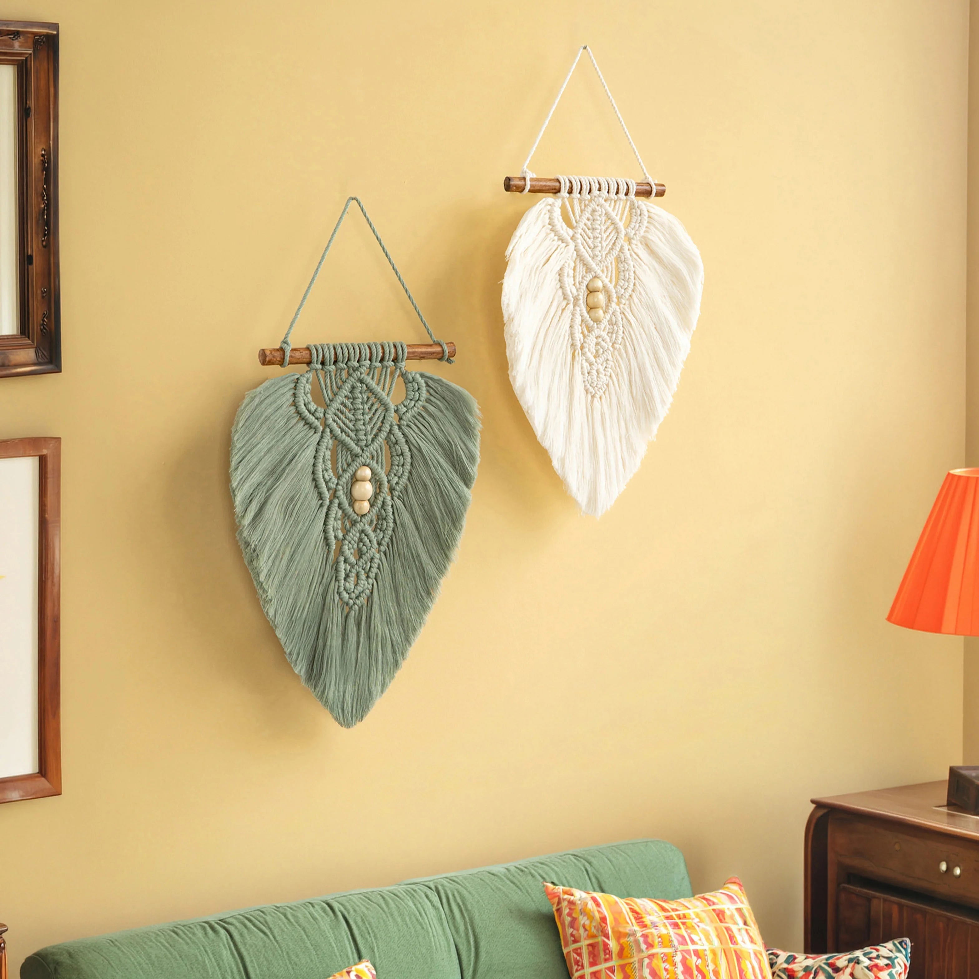 Sage Green and Natural Macrame Leaf Wall Hanging Set