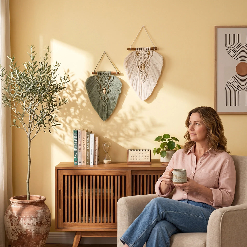 Sage Green and Natural Macrame Leaf Wall Hanging Set