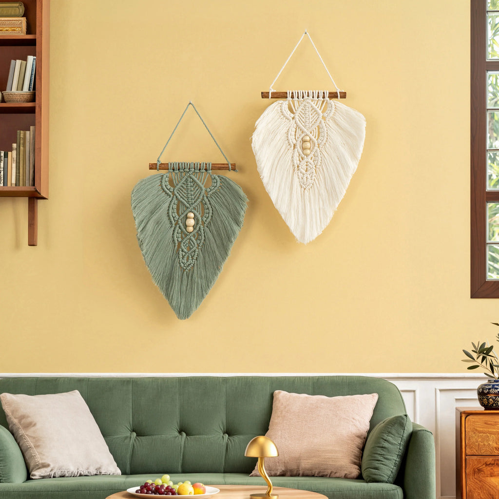 Sage Green and Natural Macrame Leaf Wall Hanging Set