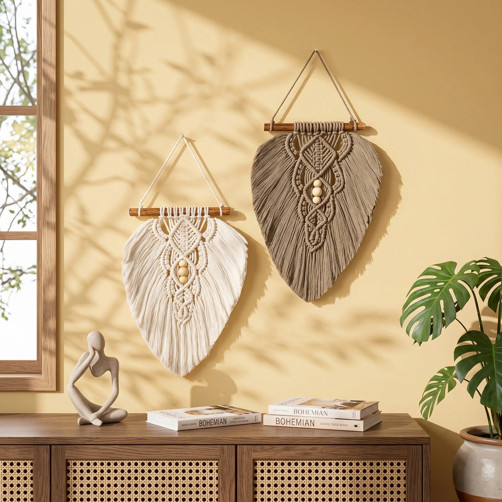 White and Taupe Macrame Leaf Wall Hanging Set