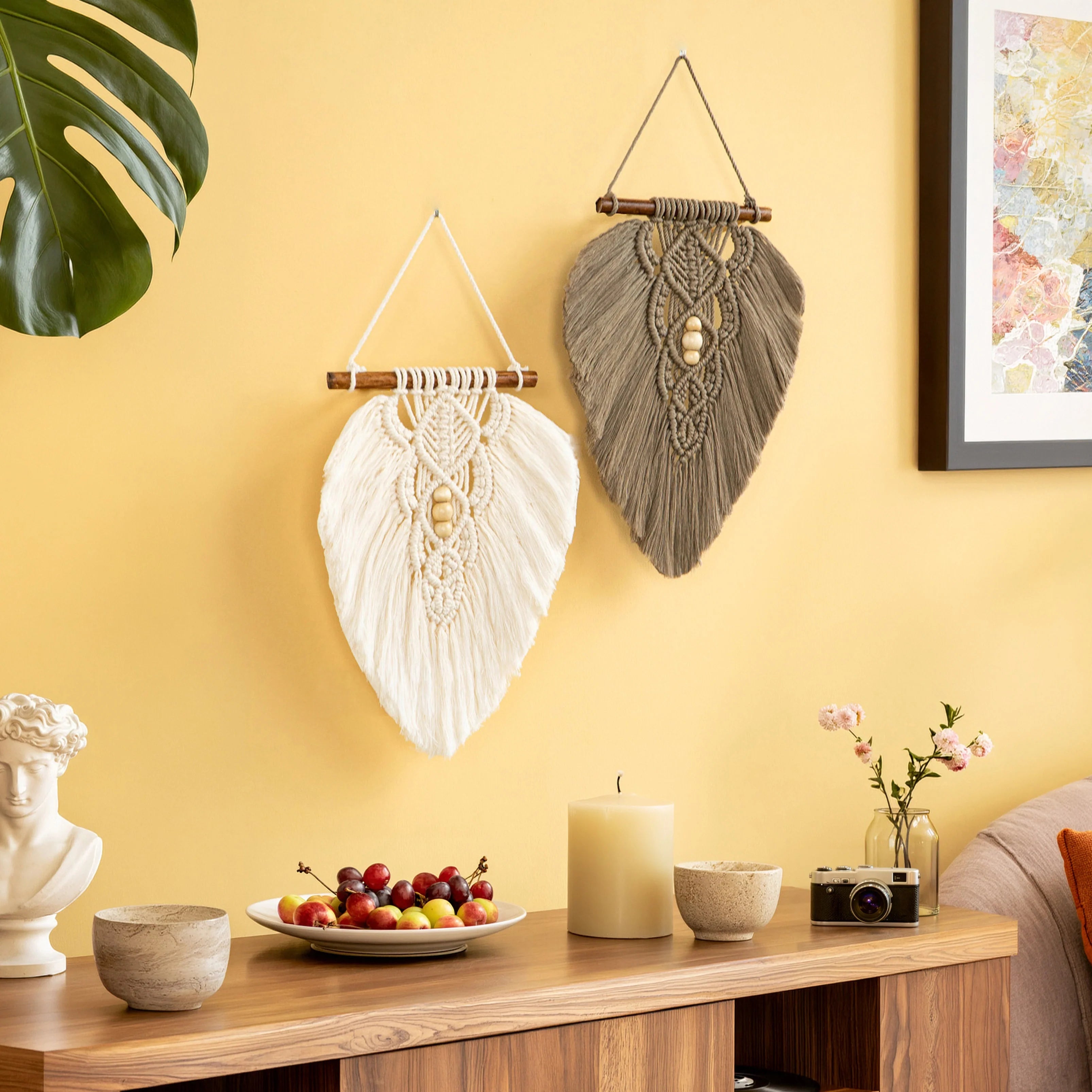 White and Taupe Macrame Leaf Wall Hanging Set