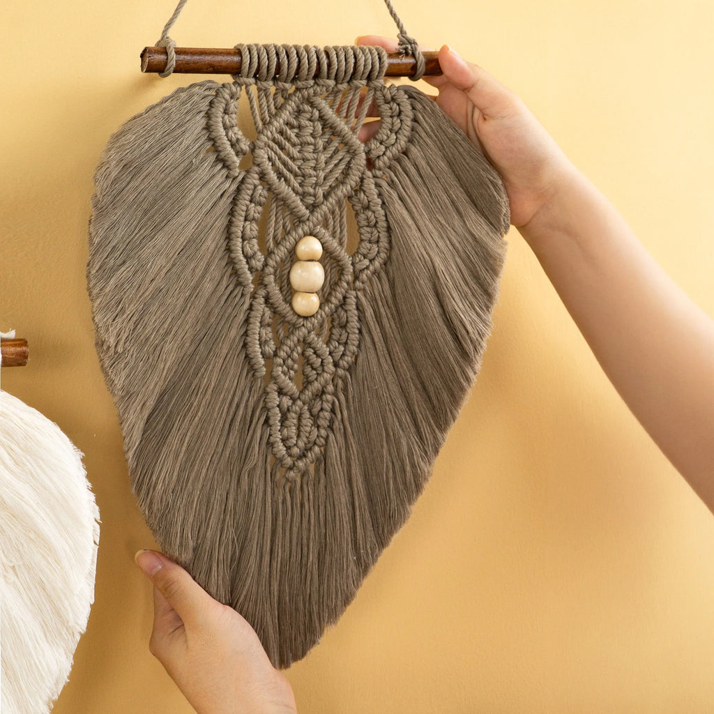 White and Taupe Macrame Leaf Wall Hanging Set