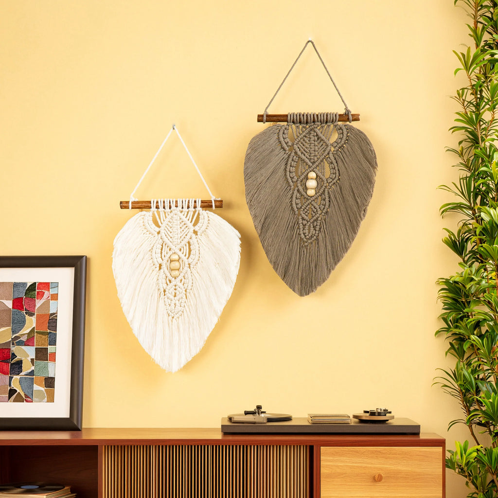 White and Taupe Macrame Leaf Wall Hanging Set